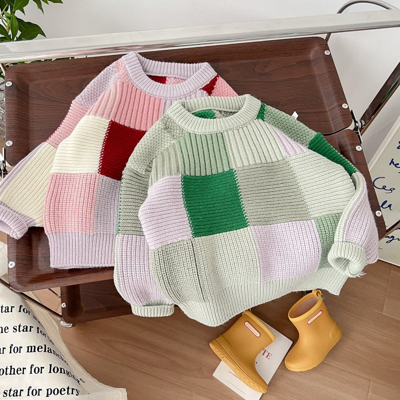 Toddler Color Block Multicolor Knitted Round Neck Sweater