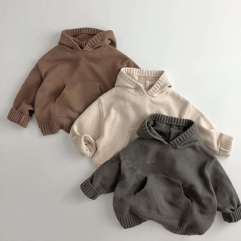 Toddler Solid Color Hooded Knitted PocketSweater