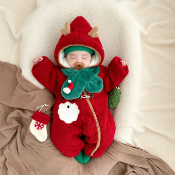Baby Fleece Lined Christmas Reindeer Hooded Romper with Scarf