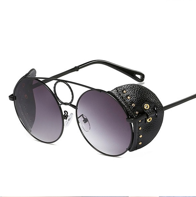 Leather Rivet Punk Style Luxury Round Sunglasses