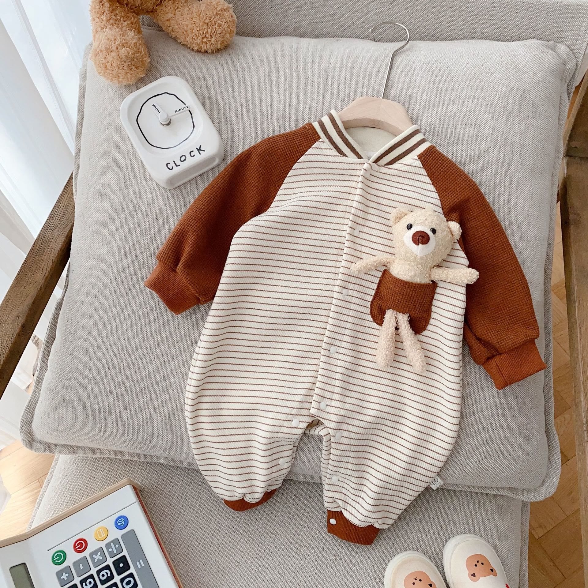 Baby Pocket Bear Striped Contrast Sleeves Romper