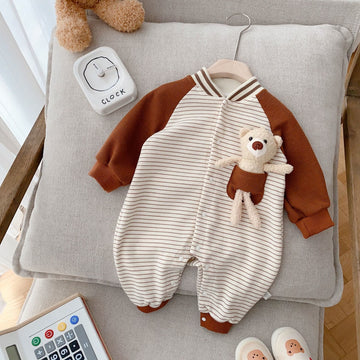 Baby Pocket Bear Striped Contrast Sleeves Romper