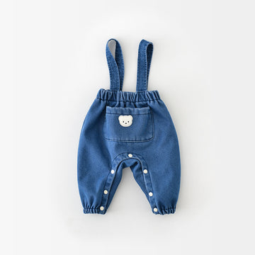 Baby Cute Bear Denim Blue Fleece Lined Overalls