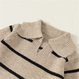 Toddler Lapels Khaki Broad-striped Knitted Casual Sweater