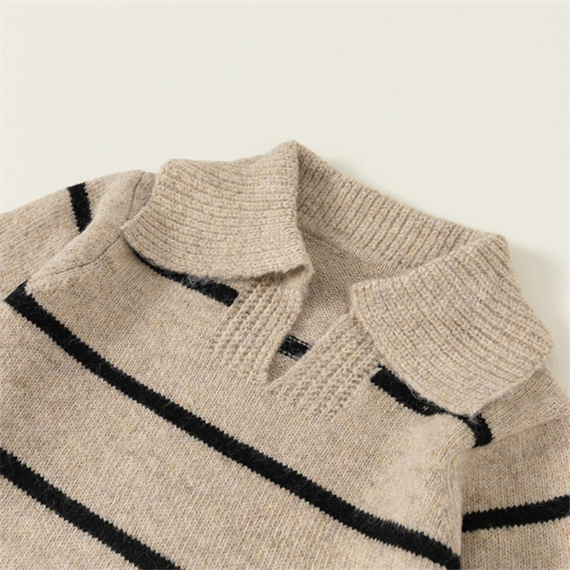 Toddler Lapels Khaki Broad-striped Knitted Casual Sweater