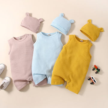 Baby Solid Color Sleeveless Romper with Hat
