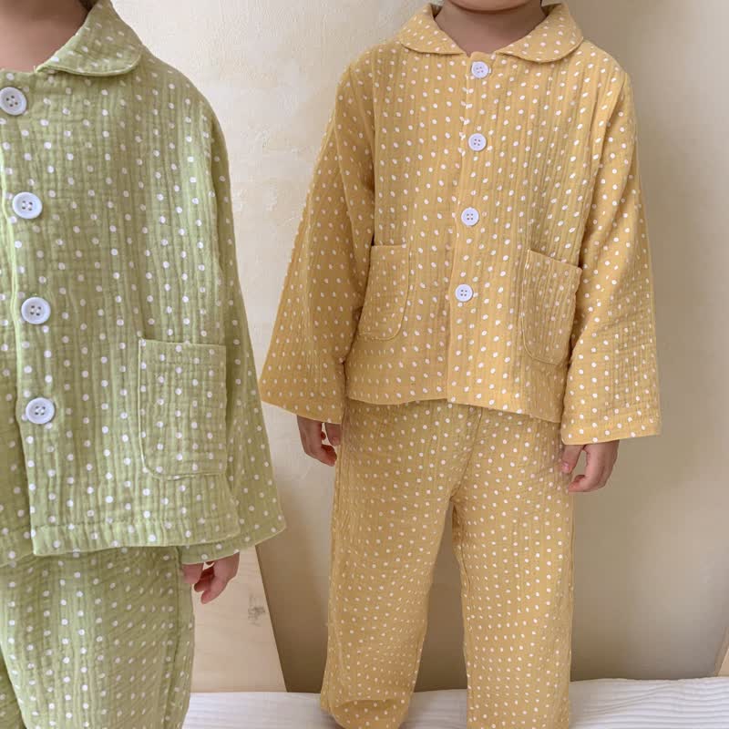 Toddler Dot Lapel Collar Top and Pants Pajamas Set