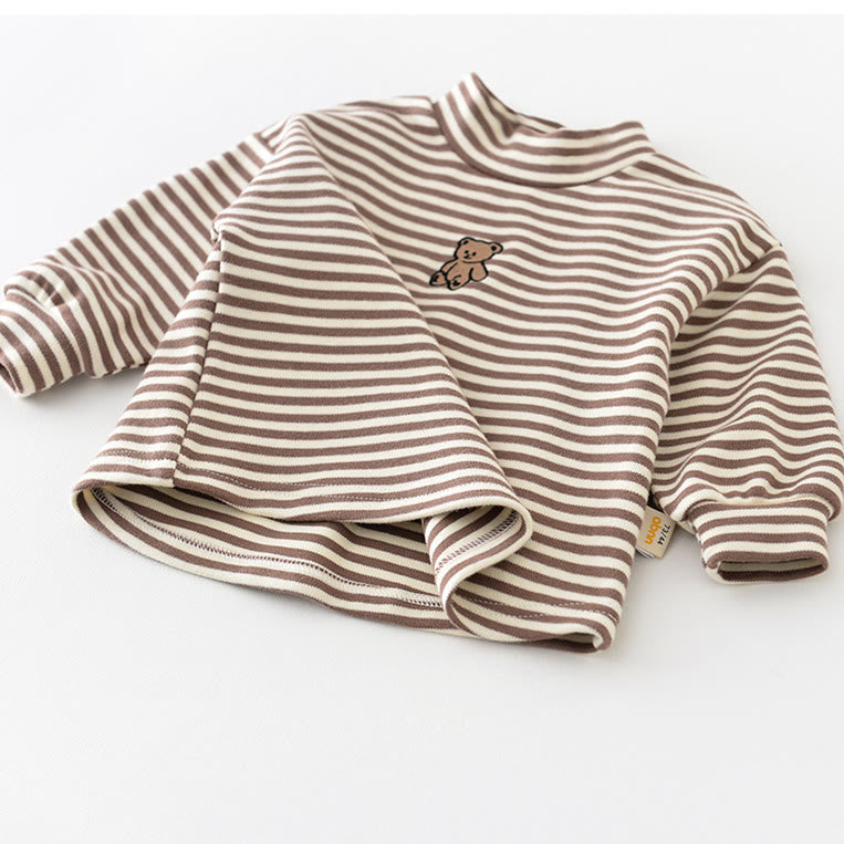 Baby Striped Embroidered Bear High Collar T-shirt