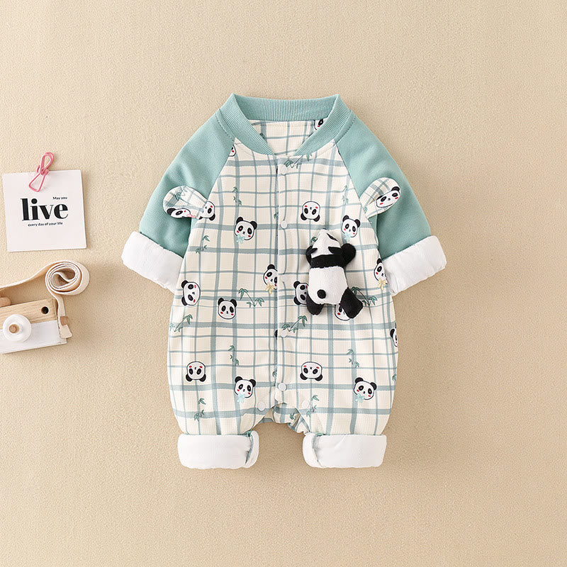 Baby 3D Panda Plaid Bamboo Leaf Romper