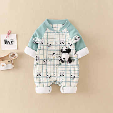 Baby 3D Panda Plaid Bamboo Leaf Romper