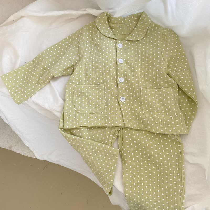 Toddler Dot Lapel Collar Top and Pants Pajamas Set