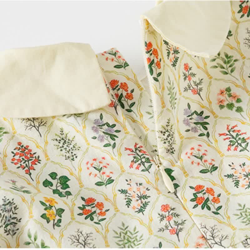 Toddler Girl Retro Flower Puff Sleeves Lapel Collar Dress