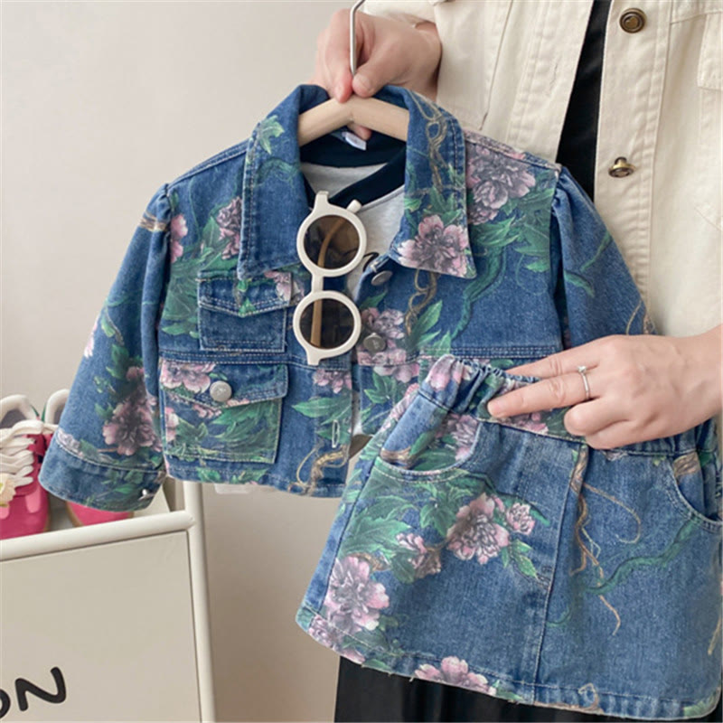 Toddler Girl Denim Flower Leaves 2 Pieces Set