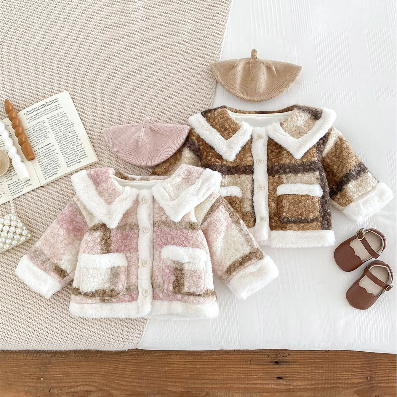 Baby Girl Plaid Lapels Fleece Coat