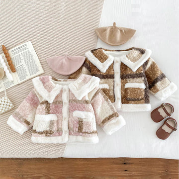 Baby Girl Plaid Lapels Fleece Coat