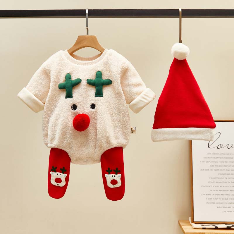 Baby Deer Fleece Lined Bodysuit & Leggings & Christmas Hat Set