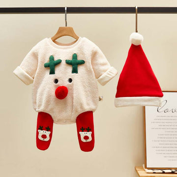 Baby Deer Fleece Lined Bodysuit & Leggings & Christmas Hat Set