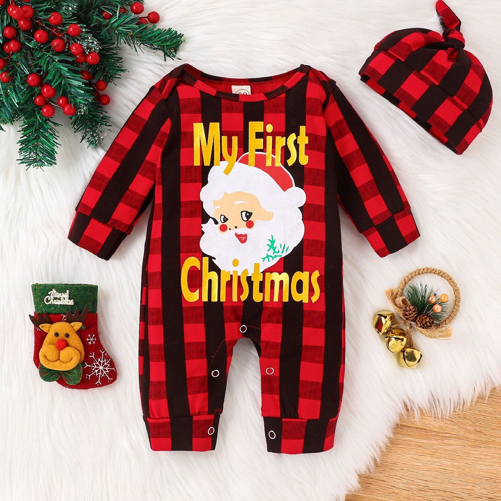 MY FIRST CHRISTMAS Baby Red Plaid Romper with Hat