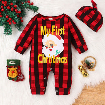 MY FIRST CHRISTMAS Baby Red Plaid Romper with Hat