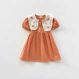Toddler Girl Embroidered Flower Lapel Collar Dress
