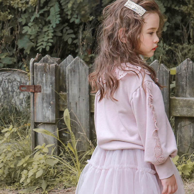 Toddler Girl Lace Sweet Solid Color Sweatshirt