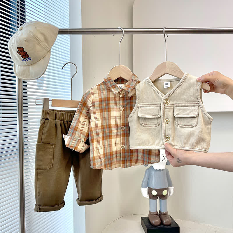 Toddler Boy Plaid Shirt Pants Tank Top Set