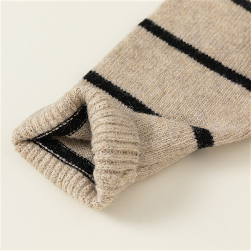 Toddler Lapels Khaki Broad-striped Knitted Casual Sweater