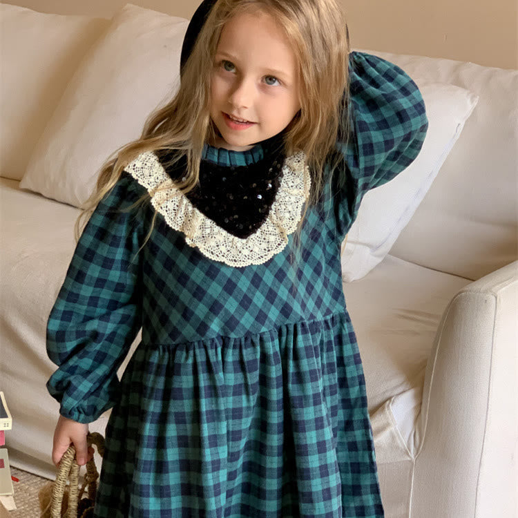 Toddler Girl Green Plaid Lace Retro Style Dress