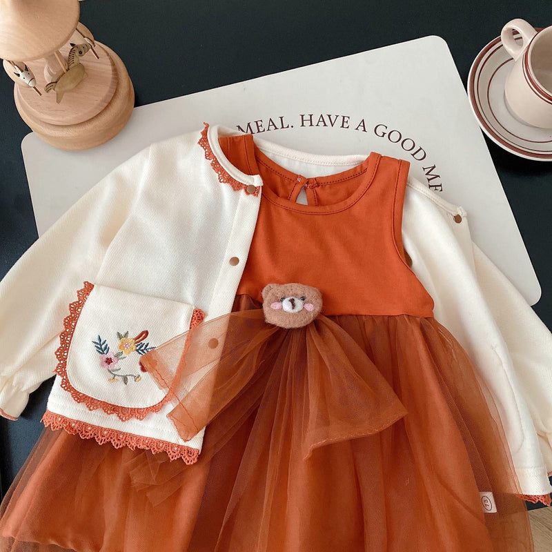 Toddler Girl Bear Sleeveless Orange Tulle Dress