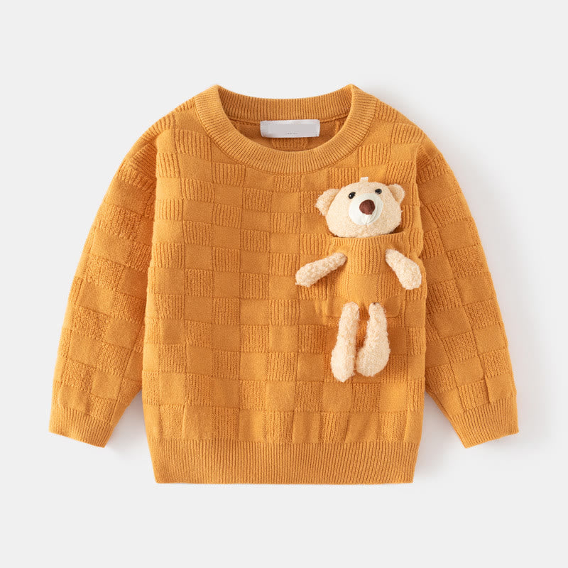 Toddler Bear Pocket Knitted Solid Color Sweater