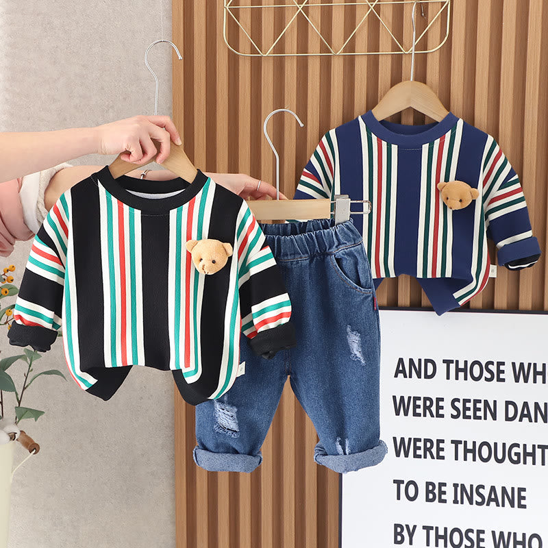 Toddler Vertical Striped Ripped Denim 2 Pieces Set