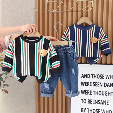 Toddler Vertical Striped Ripped Denim 2 Pieces Set