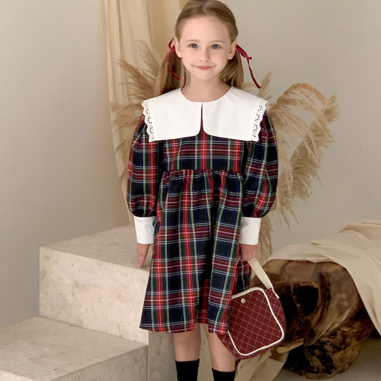 Toddler Girl Red Plaid Collar Retro Style Dress