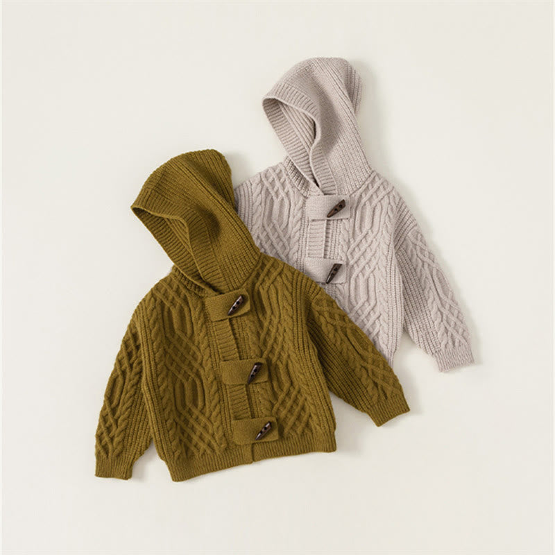 Toddler Solid Color Knitted Horn Button Hooded Coat