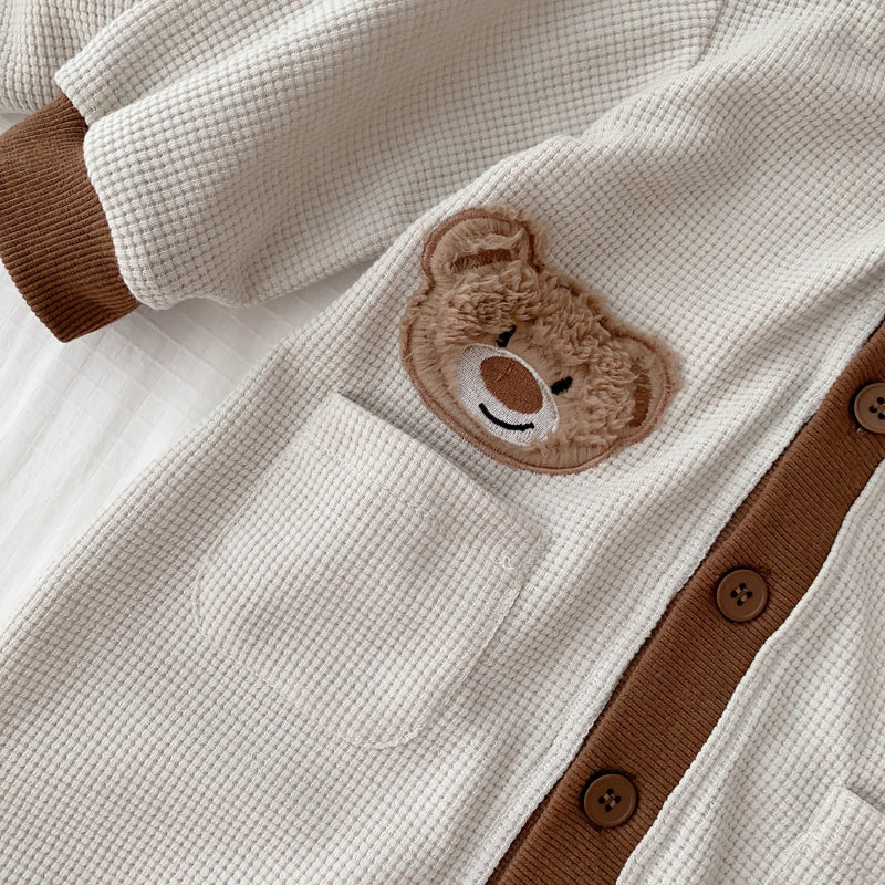 Baby Bear Button Waffle Pocket Romper Cardigan