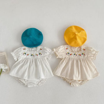 Baby Embroidered Flower Vintage Blouse and Bloomers Set