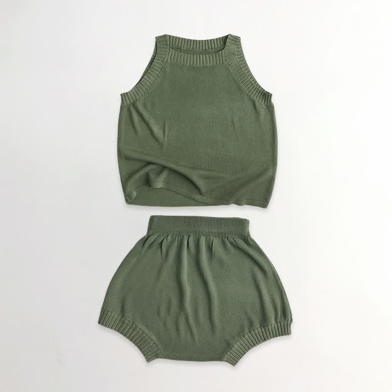 Toddler Solid Color Knitted Tank Top and Shorts Set