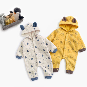 Baby Cartoon Lion Bear Hooded Fleece Lined Romper