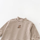 Baby Striped Embroidered Bear High Collar T-shirt