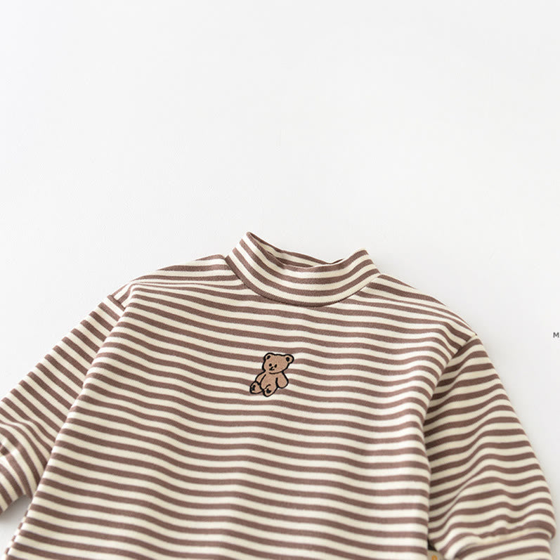 Baby Striped Embroidered Bear High Collar T-shirt
