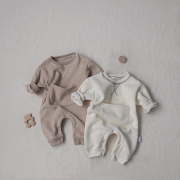 Baby Solid Color Big Pocket Fleece Lined Romper
