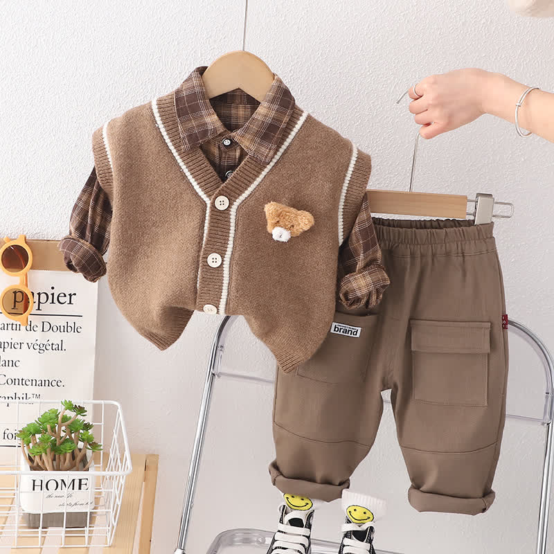 Baby Toddler Plaid Shirt Bear Tank Top and Pants Set