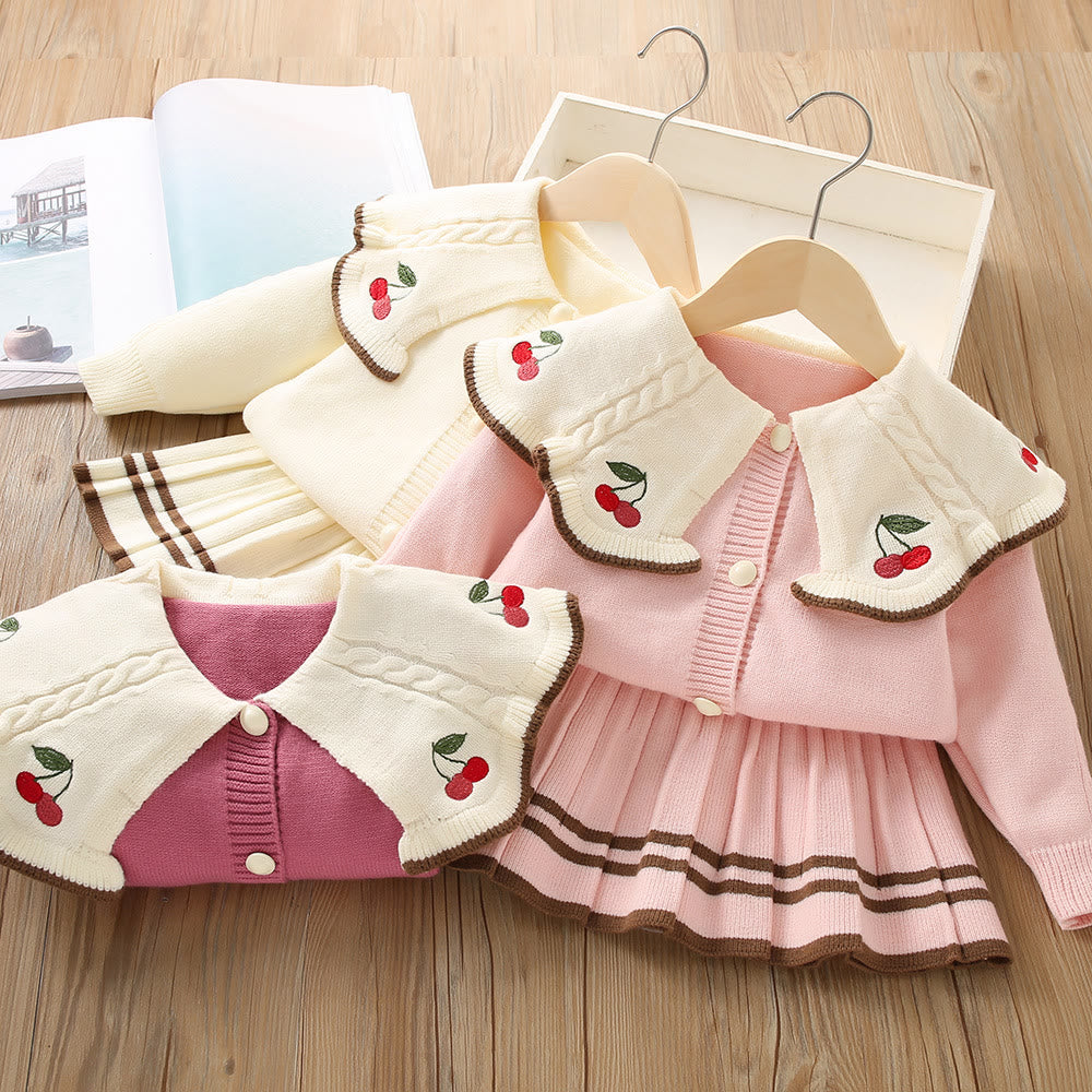 Toddler Girl Lapels Embroidered Cherry 2 Pieces Set