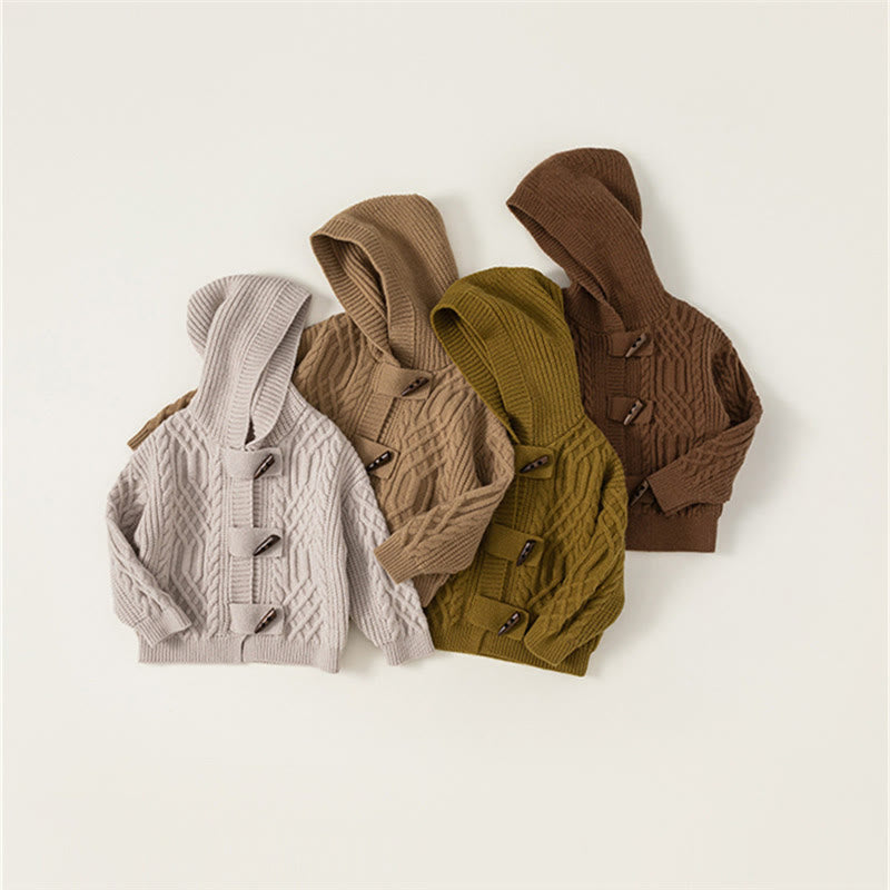 Toddler Solid Color Knitted Horn Button Hooded Coat