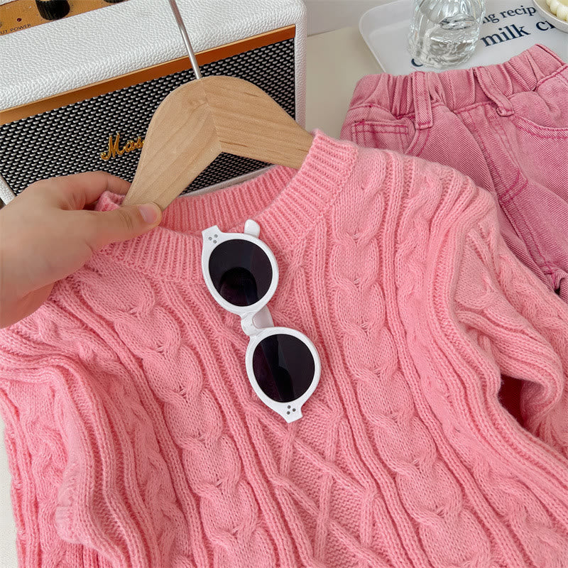 Toddler Girl Solid Color Knitted Pink Sweater