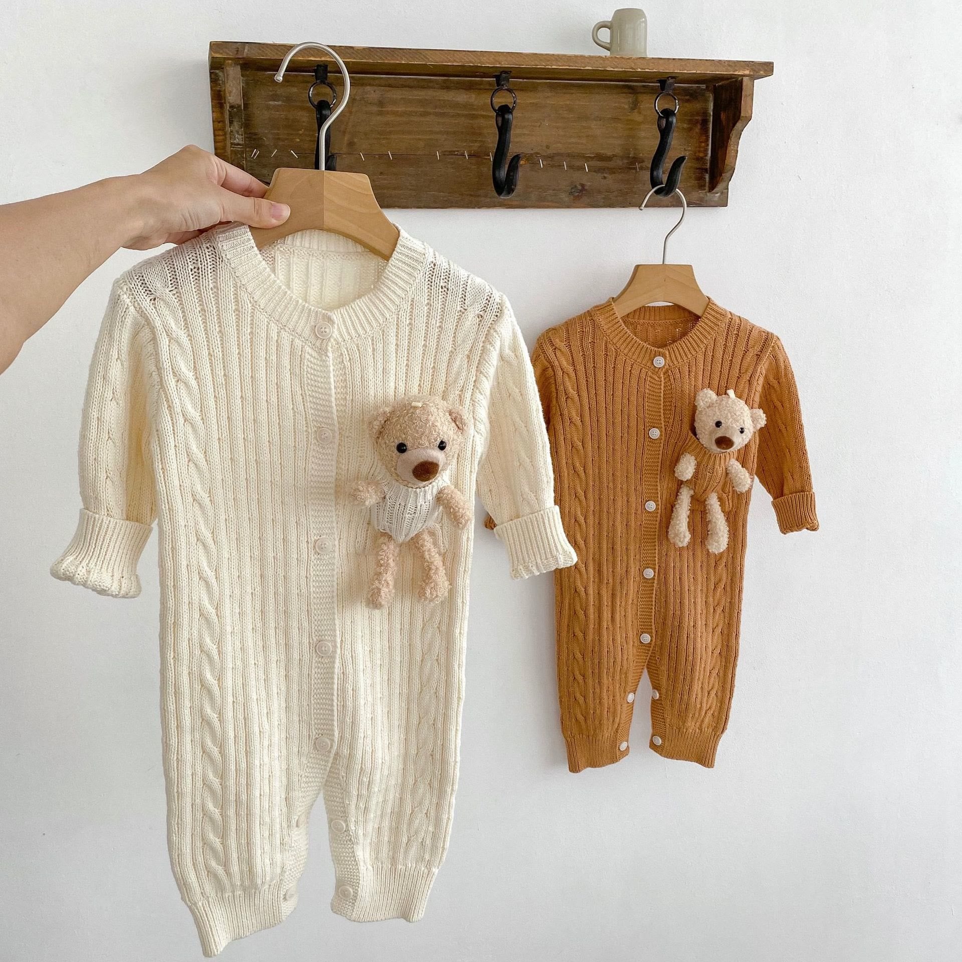 Baby Knitted Solid Color Romper with Bear Doll