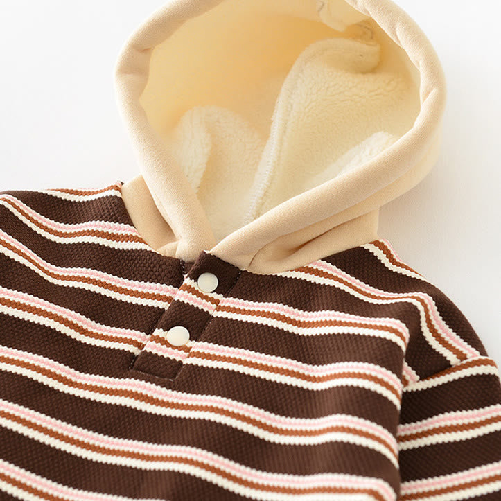 Baby Brown Striped Button Fleece Lined Hoodie