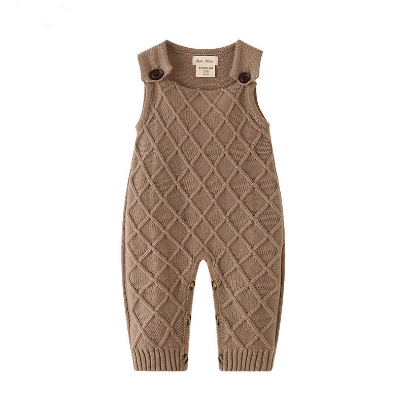Baby Brown Diamond Solid Color Knitted Overalls