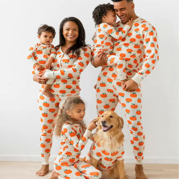 Family Matching Orange Pajamas Set with Pet Dog Clothes