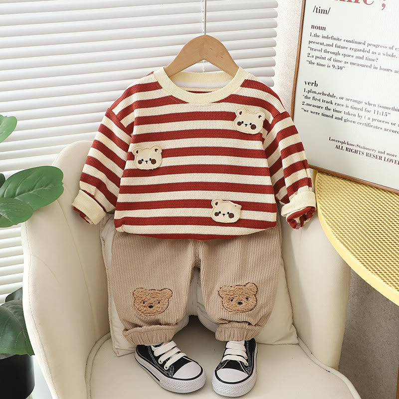 Toddler Striped Bear Patch Corduroy 2 Pieces Set